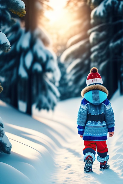 Enfant marchant dans une forêt de pins enneigés Petit garçon s'amusant dehors dans la nature hivernale