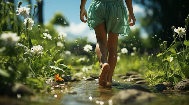 Enfant marchant dans la route de l'eau avec de l'herbe