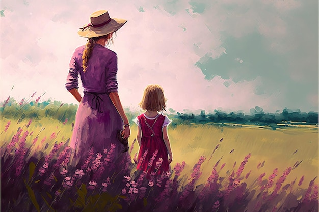 L'enfant marche avec sa mère Femme et son enfant debout sur le pré regardant vers l'horizon Peinture d'illustration de style art numérique