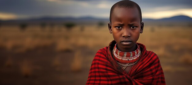 Un enfant Masai avec une expression sérieuse sur le fond de la savane