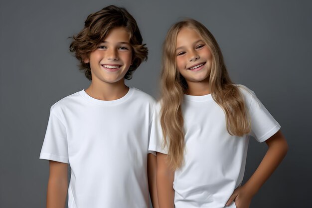 Enfant masculin et féminin, garçon et fille, frères et sœurs portant une maquette de chemise blanche en toile bella sur un fond gris foncé.