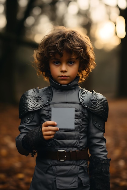 Un enfant médiéval habillé en carte de visite Knight Holdi avec un design de séance photo créatif