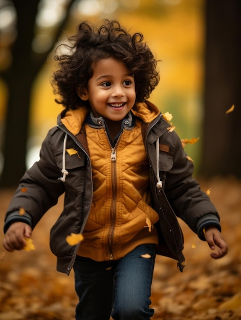 Enfant mexicain dans une pose dynamique émotionnelle sur fond d'automne