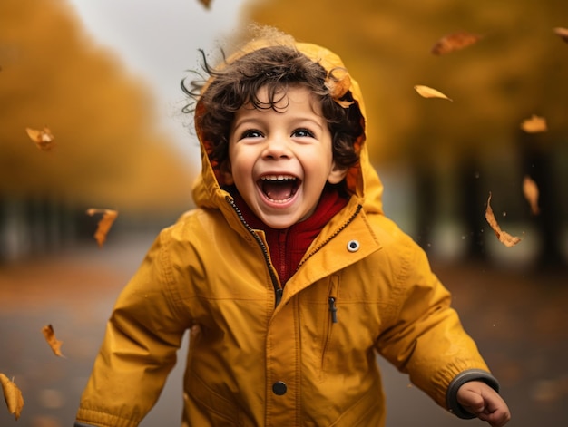 Enfant mexicain dans une pose dynamique émotionnelle sur fond d'automne