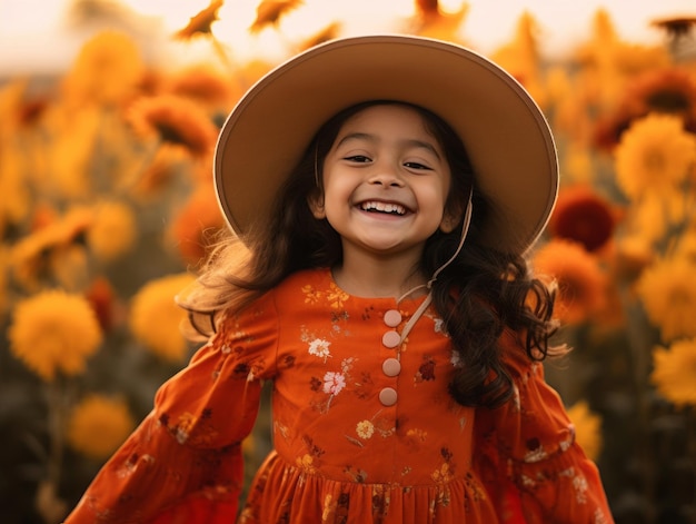 Enfant mexicain dans une pose dynamique émotionnelle sur fond d'automne