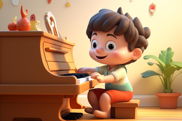 Enfant mignon de bande dessinée 3D jouant du piano