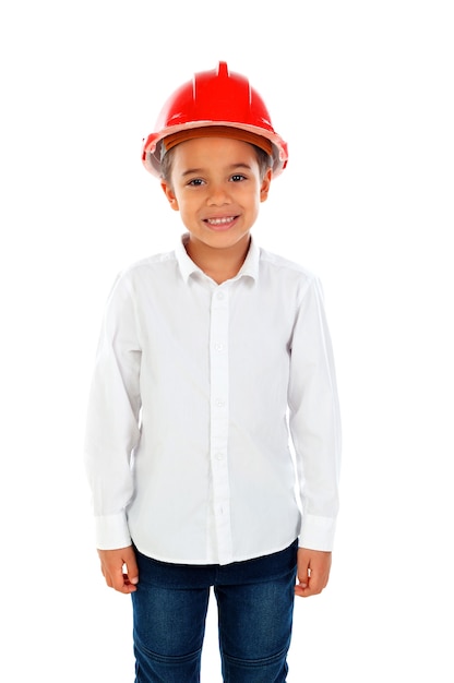 Enfant mignon avec casque rouge