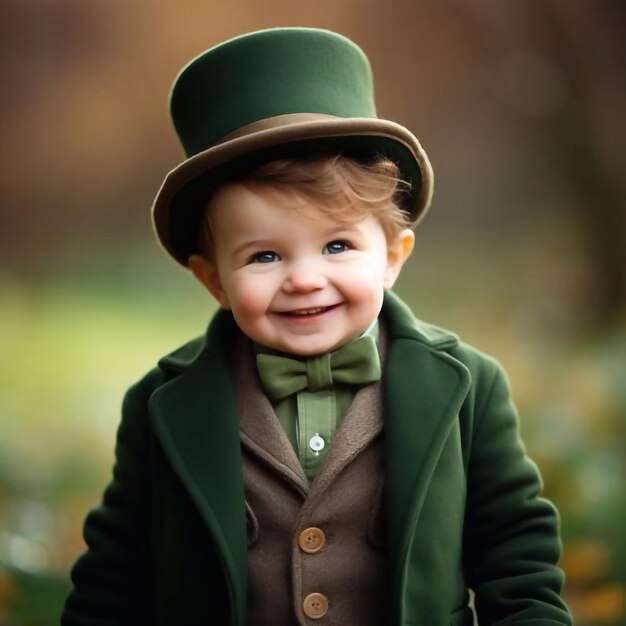 Un enfant mignon et drôle sur un fond vert, le jour de la Saint-Patrick irlandais.