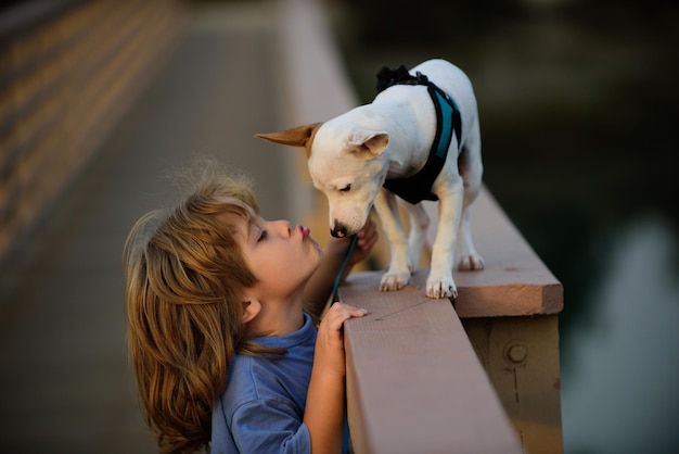 Enfant mignon embrassant le chiot. Les chiots jouent.