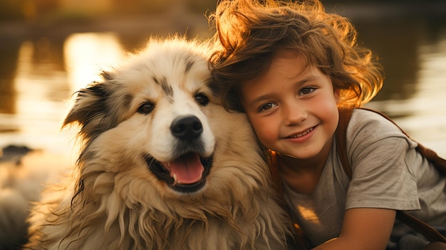 Un enfant mignon embrasse un petit chien représentant l'amour et l'innocence