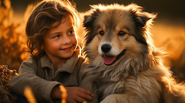 Un enfant mignon embrasse un petit chien représentant l'amour et l'innocence