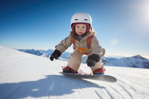 Enfant mignon faisant du snowboard sur la pente