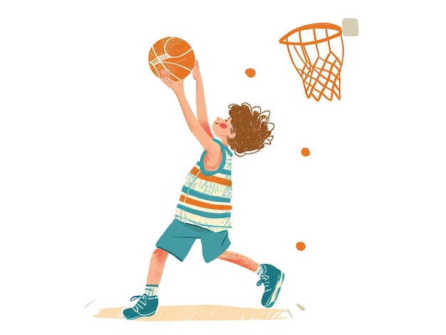 Un enfant mignon jouant au basket-ball sur une illustration blanche