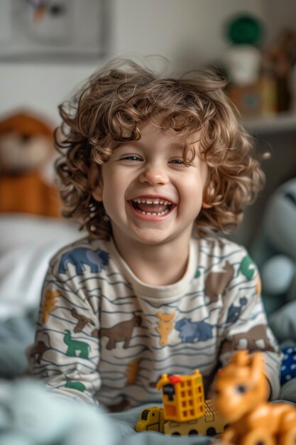 Un enfant mignon jouant avec des jouets s'amusant et riant dans sa chambre pendant qu'il rit