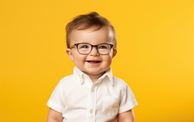 Un enfant mignon avec des lunettes exprime sa joie avec un sourire délicieux sur un fond jaune