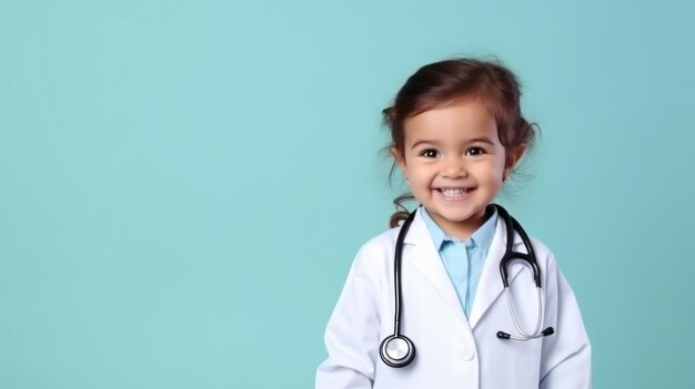 Enfant mignon en manteau de médecin avec stéthoscope sur fond coloré Espace pour le texte