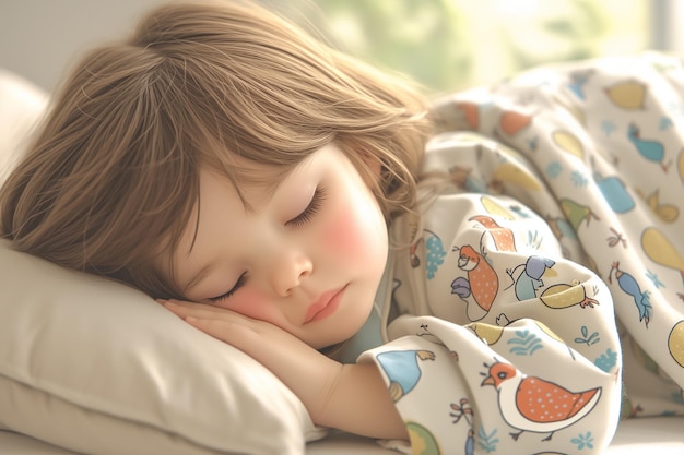 Un enfant mignon qui dort sur le lit dans la chambre.