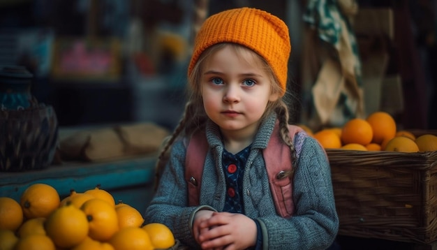 Enfant mignon souriant assis regardant la caméra tenant un fruit orange généré par l'intelligence artificielle