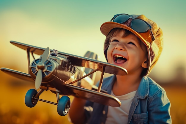 Un enfant mignon tenant un avion