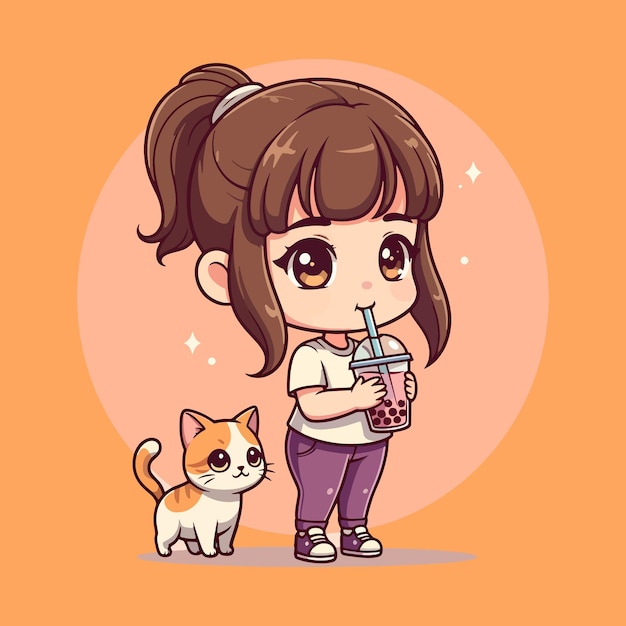 Un enfant mignon tenant un thé au lait à bulles, illustration de personnage de dessin animé dessinée à la main