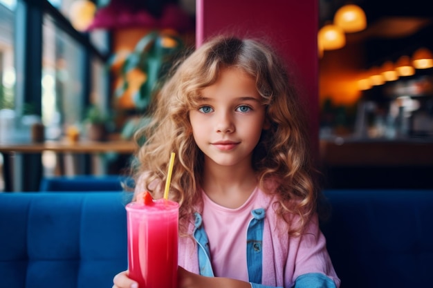 une enfant moderne heureuse avec un verre de jus frais sur le fond d'un restaurant et d'un café pour jeunes