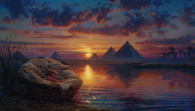 L'enfant Moïse sur un bateau de roseau au coucher du soleil avec la Grande Pyramide de Gizeh en arrière-plan
