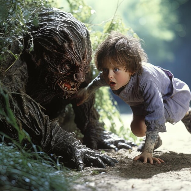 Photo un enfant et un monstre jouent dans les bois.