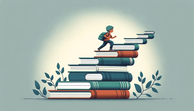 L'enfant monte l'escalier des livres surdimensionnés dans le vecteur du voyage éducatif