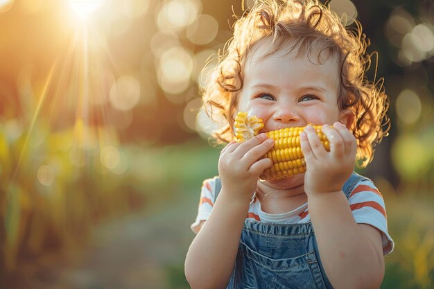 Un enfant mordant un maïs fraîchement grillé sur la tourbe