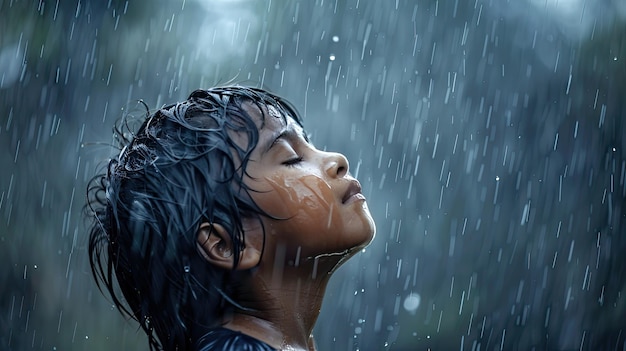 Un enfant mouillé sous la pluie