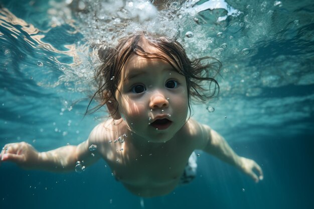 Photo un enfant nage sous l'eau avec des bulles.