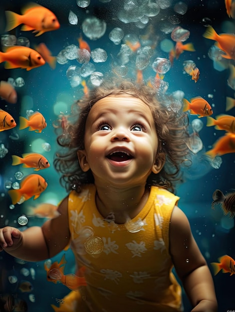 Un enfant nageant joyeusement dans l'océan bleu cristal entouré de poissons rouges colorés - Ai généré