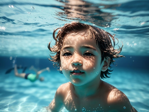 Enfant nageant sous l'eau dans l'eau de mer bleue de la piscine enfant garçon nageant dans la mer