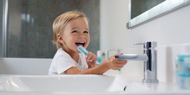 Enfant nettoyant les dents dans la salle de bain