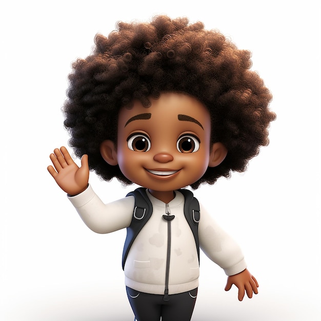 un enfant noir avec afro saluant fond blanc style pixar