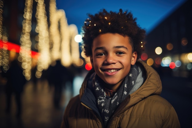 Un enfant noir de race mixte souriant debout sur la place de la ville