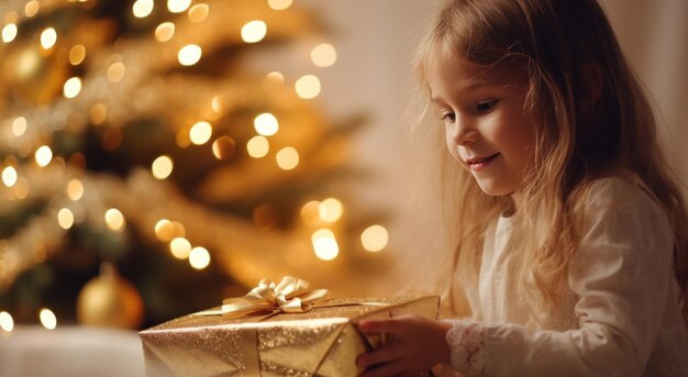un enfant ouvrant un cadeau en or près de l'arbre de Noël