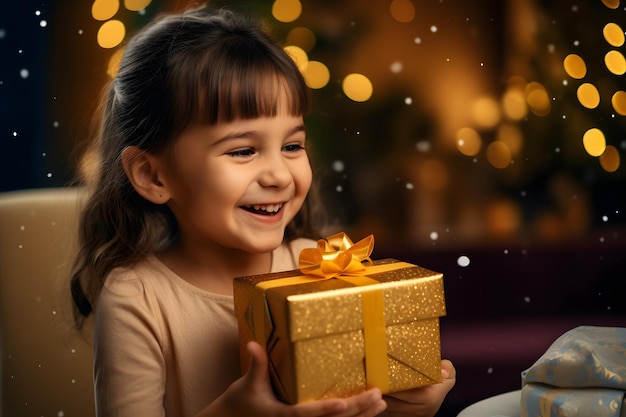 Un enfant ouvre une boîte à cadeaux et sourit.