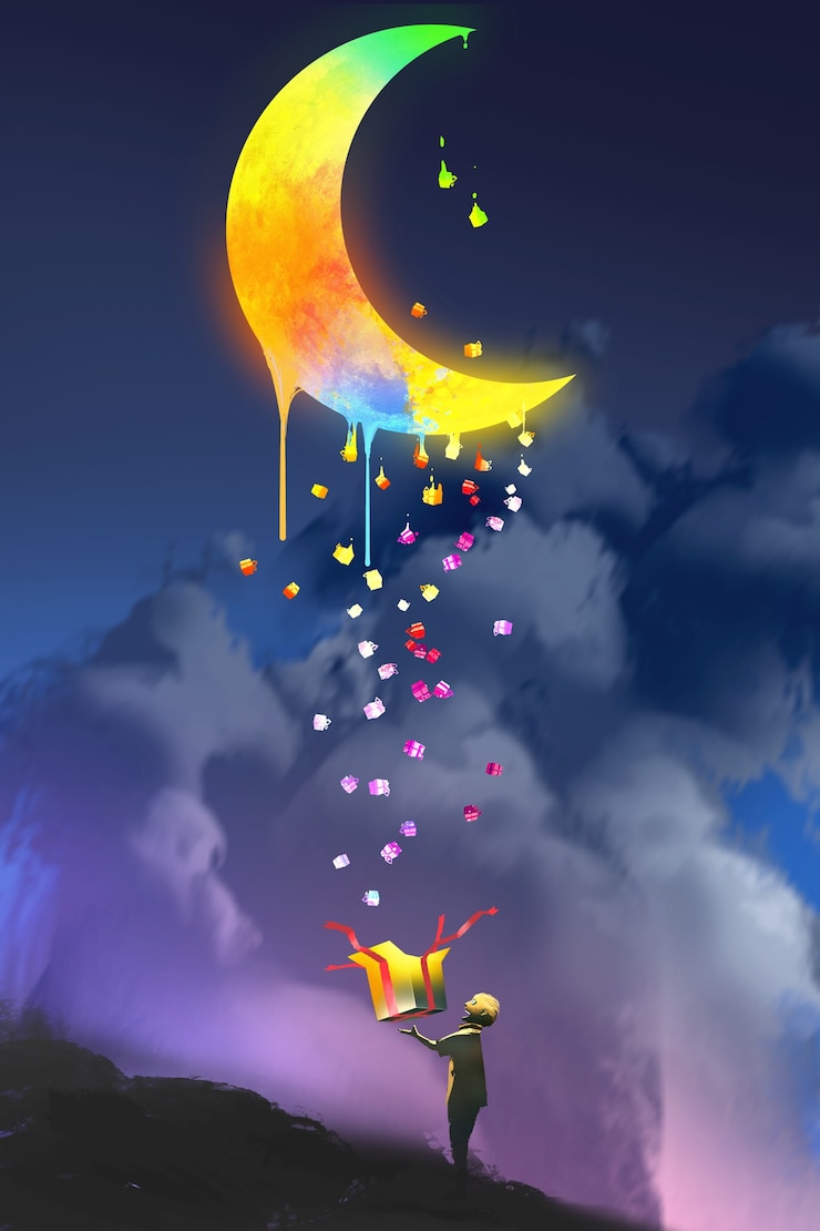 Photo l'enfant ouvre une boîte fantastique et recherche un cadeau magique,lune fondante colorée,peinture d'illustration