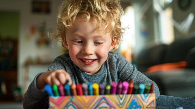 Photo un enfant ouvre avec enthousiasme une nouvelle boîte de crayons