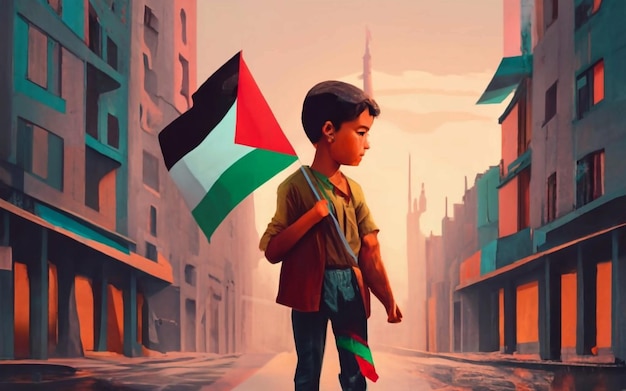 Un enfant palestinien brandissant le drapeau palestinien devant des bâtiments