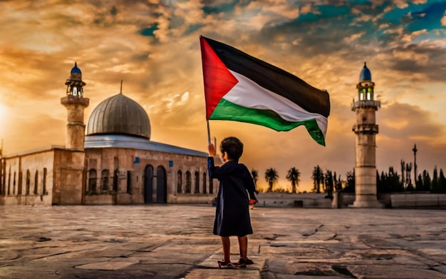 Un enfant palestinien brandissant le drapeau palestinien devant la mosquée