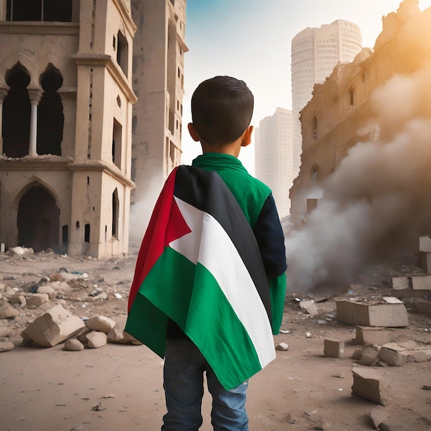 Un enfant palestinien debout dans une ville détruite après la guerre Ai Generated