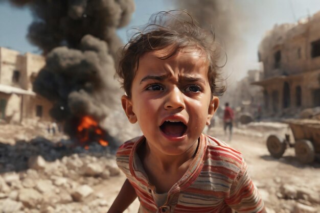 Un enfant palestinien pleure une explosion de bombe en Palestine