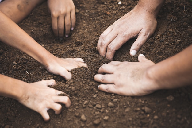 Un enfant et un parent en train de creuser le sol se préparent à planter l’arbre ensemble