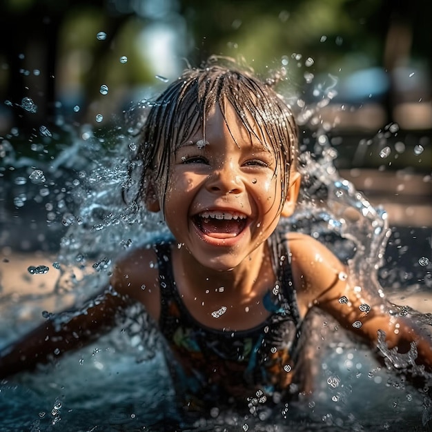 Un enfant patauge dans un bassin d'eau.