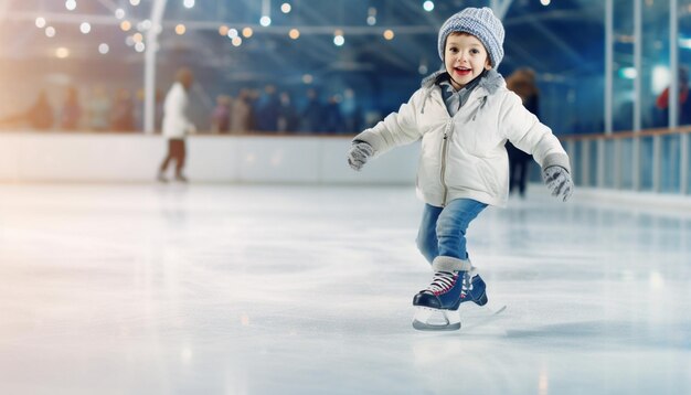 Photo un enfant patinant sur la glace avec un chapeau sur