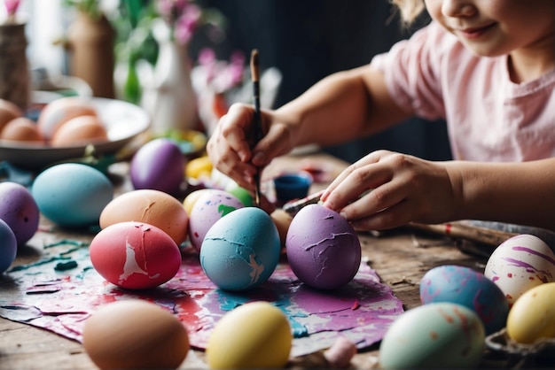 Photo enfant peignant des œufs de pâques généré par l'ia