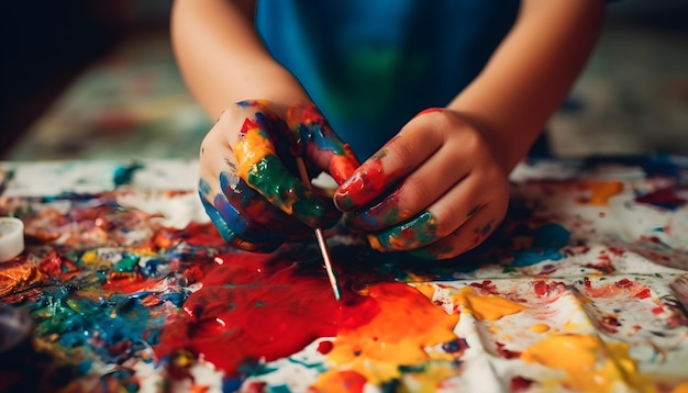 un enfant peint une image d'une peinture colorée