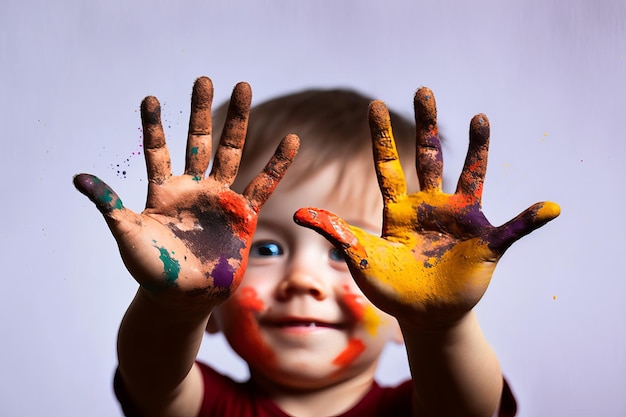 Photo un enfant avec de la peinture sur les mains